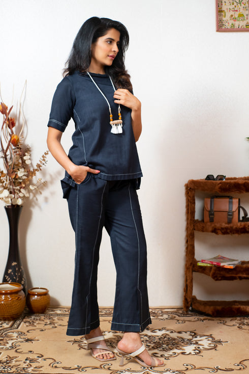 NAVY BLUE COORD SET WITH NECK PIECE